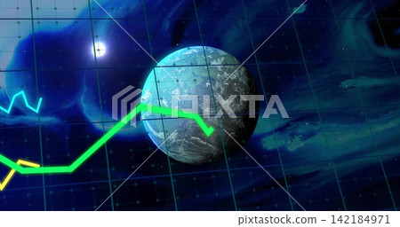 Rotating Earth-like planet crossing faint rectangular grid in space, showing neon green, cyan lines. Cosmic, nebula, orb, holographic, data, analytics, visualization 142184971