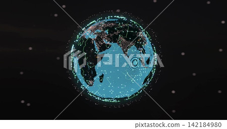 Displaying stylized globe over Indian Ocean, showing neon cyan grid, city lights, rippling waves Displaying stylized globe over Indian Ocean, showing neon cyan grid, city lights, rippling waves 142184980