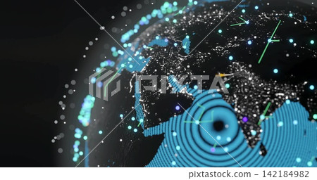 Rotating digital globe showing Indian subcontinent in 3D with city lights, ripple rings, data nodes Rotating digital globe showing Indian subcontinent in 3D with city lights, ripple rings, data nodes 142184982