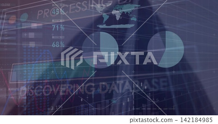 Projecting man in suit-tie viewing AR office pie charts 45% 71% 68% DISCOVERING DATABASE PROCESSING. Holographic, dashboard, analytics, silhouette, visualization, worldmap, futuristic 142184985