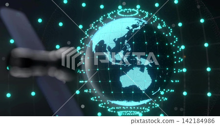 Rotating holographic globe showing Asia-Pacific and Australia in dark tech lab, with orbiting nodes Rotating holographic globe showing Asia-Pacific and Australia in dark tech lab, with orbiting nodes 142184986