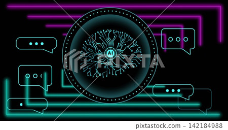 Glowing circular AI emblem pulsing cyan-magenta on black UI, dotted-rim circuit and chat-bubbles Glowing circular AI emblem pulsing cyan-magenta on black UI, dotted-rim circuit and chat-bubbles 142184988