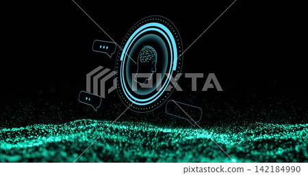 Glowing holographic interface showing head silhouette over digital data sea, with chat bubbles Glowing holographic interface showing head silhouette over digital data sea, with chat bubbles 142184990