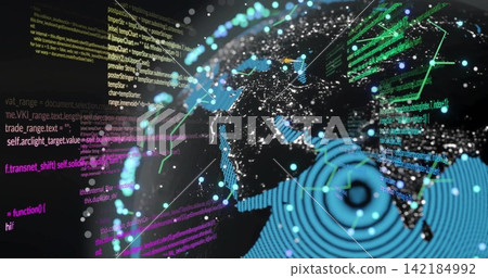 Vertical video: Globe receiving data, pulsing nodes or lines, code streaming, radar scanning for cyb Vertical video: Globe receiving data, pulsing nodes or lines, code streaming, radar scanning for cyb 142184992