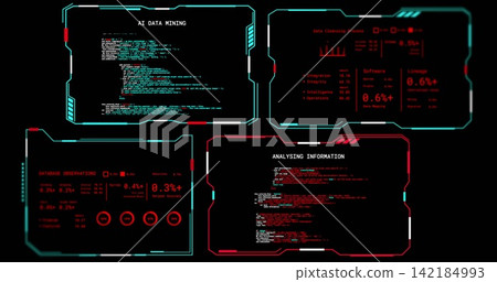 Displaying four HUD panels showing code, charts and metrics in virtual console, neon accents. Holographic, dashboard, cyber, ui, telemetry, readouts, widgets Displaying four HUD panels showing code, charts and metrics in virtual console, neon accents. Holographic, dashboard, cyber, ui, telemetry, readouts, widgets 142184993