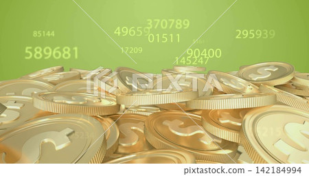 Gleaming pile of gold coins showing dollar signs, ridged edges on green gradient, floating numbers 142184994