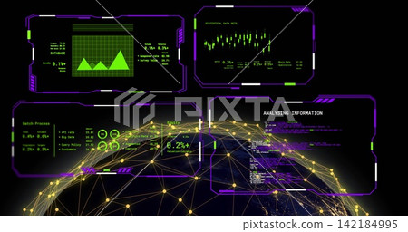 Showing globe pulsing gold nodes and lines in virtual dashboard, HUD panels ANALYSING INFORMATION. Neon, futuristic, network, visualization, analytics, technology, glowing Showing globe pulsing gold nodes and lines in virtual dashboard, HUD panels ANALYSING INFORMATION. Neon, futuristic, network, visualization, analytics, technology, glowing 142184995