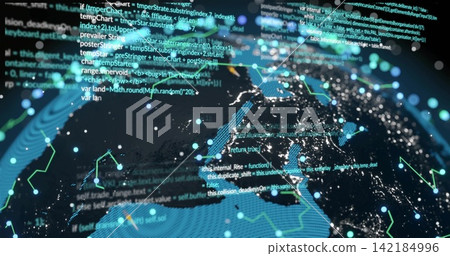 Rotating Earth globe showing lit coasts, connecting nodes, floating code in dark space Rotating Earth globe showing lit coasts, connecting nodes, floating code in dark space 142184996
