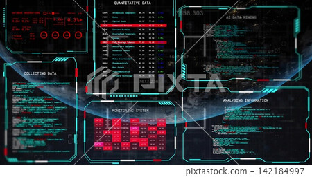 Displaying HUD showing cyan-framed panels with MONITORING SYSTEM heatmap over orbital horizon. Dashboard, telemetry, interface, analytics, grid, scifi, glitch Displaying HUD showing cyan-framed panels with MONITORING SYSTEM heatmap over orbital horizon. Dashboard, telemetry, interface, analytics, grid, scifi, glitch 142184997