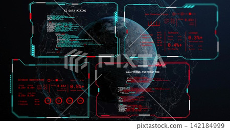Displaying 3D rendered globe rotating at center in dark starfield, with cyan red HUD panels, mesh. Earth, holographic, visualization, analytics, neon, interface, network Displaying 3D rendered globe rotating at center in dark starfield, with cyan red HUD panels, mesh. Earth, holographic, visualization, analytics, neon, interface, network 142184999