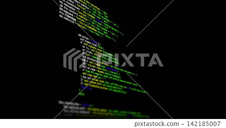 Displaying vertical column of syntax-highlighted code on black terminal, showing colored mono font. Screen, glyphs, palette, neon, minimalist, focus, depth Displaying vertical column of syntax-highlighted code on black terminal, showing colored mono font. Screen, glyphs, palette, neon, minimalist, focus, depth 142185007