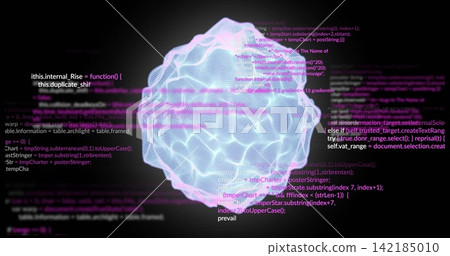 Glowing 3D wireframe data orb rippling cyan violet halo in virtual void, with white magenta code Glowing 3D wireframe data orb rippling cyan violet halo in virtual void, with white magenta code 142185010