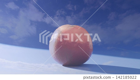 Sitting citrus fruit showing stem scar, textured peel on white plane under blue sky, casting shadow Sitting citrus fruit showing stem scar, textured peel on white plane under blue sky, casting shadow 142185022