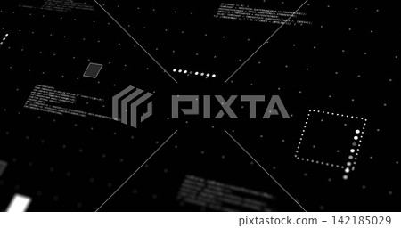Displaying futuristic HUD interface on dark plane, showing dotted grid, square outline, code. Dashboard, monochrome, minimal, geometric, pattern, data, blur Displaying futuristic HUD interface on dark plane, showing dotted grid, square outline, code. Dashboard, monochrome, minimal, geometric, pattern, data, blur 142185029