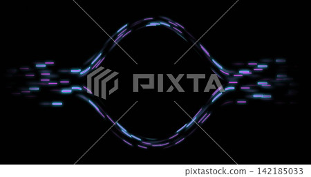 Pulsing centered curved band flowing on solid black canvas, showing cyan magenta neon dashes. Glow, luminous, symmetry, abstract, digital, motion, futuristic Pulsing centered curved band flowing on solid black canvas, showing cyan magenta neon dashes. Glow, luminous, symmetry, abstract, digital, motion, futuristic 142185033