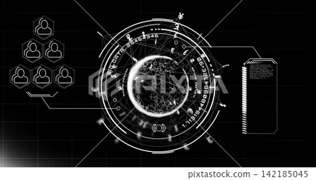 Rotating globe of nodes in ringed HUD, linking over grid to hexagonal cluster, stacked panel. Monochrome, highcontrast, interface, dataviz, network, spherical, concentric Rotating globe of nodes in ringed HUD, linking over grid to hexagonal cluster, stacked panel. Monochrome, highcontrast, interface, dataviz, network, spherical, concentric 142185045