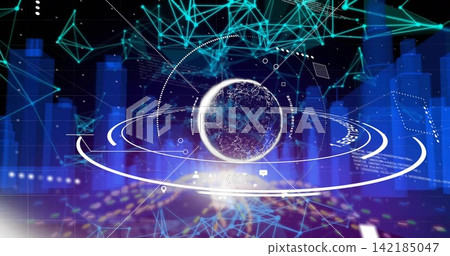 Pulsing central data core emitting analytics in holographic dashboard, showing rings, charts, nodes. Sphere, glowing, neon, futuristic, interface, wireframe, orbital Pulsing central data core emitting analytics in holographic dashboard, showing rings, charts, nodes. Sphere, glowing, neon, futuristic, interface, wireframe, orbital 142185047