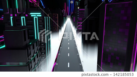 Stretching elevated roadway heading toward bright portal at night, framing with neon towers and fog. Futuristic, cityscape, multilanes, perspective, leadinglines, skyscraper, reflection Stretching elevated roadway heading toward bright portal at night, framing with neon towers and fog. Futuristic, cityscape, multilanes, perspective, leadinglines, skyscraper, reflection 142185053