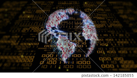 Showing stylized 3D globe glowing and rotating in virtual data environment, with golden binary grid. Sphere, pixels, digits, matrix, cyberspace, glow, render Showing stylized 3D globe glowing and rotating in virtual data environment, with golden binary grid. Sphere, pixels, digits, matrix, cyberspace, glow, render 142185055