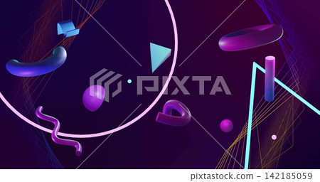 Floating centered cluster featuring magenta torus, glossy tubes cutting neon-pink arc in studio. Abstract, geometric, 3d, gradient, futuristic, digital, circle Floating centered cluster featuring magenta torus, glossy tubes cutting neon-pink arc in studio. Abstract, geometric, 3d, gradient, futuristic, digital, circle 142185059