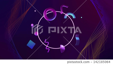 Floating pale-pink ring featuring purple torus, cyan half-torus, neon ribbons on deep purple canvas. Circle, spheres, capsules, wireframe, lattice, gradient, abstract Floating pale-pink ring featuring purple torus, cyan half-torus, neon ribbons on deep purple canvas. Circle, spheres, capsules, wireframe, lattice, gradient, abstract 142185064