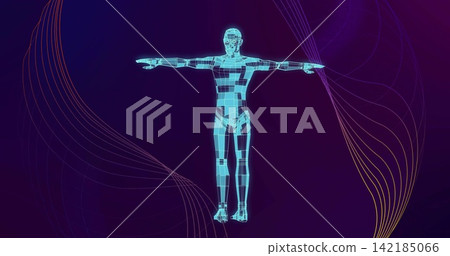 Standing cyan wireframe humanoid showing T-pose in virtual studio, with mesh panels and ribbons. Visualization, dataviz, gradient, neon, glow, futuristic, polygon Standing cyan wireframe humanoid showing T-pose in virtual studio, with mesh panels and ribbons. Visualization, dataviz, gradient, neon, glow, futuristic, polygon 142185066
