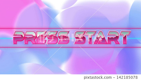 Displaying PRESS START text centered on screen, showing magenta lines, cyan scanline, pastel bokeh. Typography, vaporwave, neon, retro, gradient, chrome, beveled 142185078