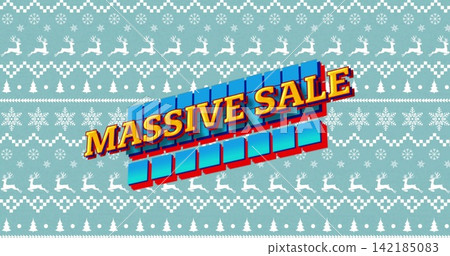 Displaying 3D MASSIVE SALE sign at teal knitted winter banner with stacked blue tiles, reindeer Displaying 3D MASSIVE SALE sign at teal knitted winter banner with stacked blue tiles, reindeer 142185083