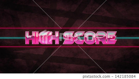 Glowing HIGH SCORE headline occupying center of digital poster, featuring cyan and pink lines. Neon, retro, synthwave, arcade, geometric, gradient, texture Glowing HIGH SCORE headline occupying center of digital poster, featuring cyan and pink lines. Neon, retro, synthwave, arcade, geometric, gradient, texture 142185084