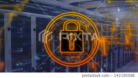 Displaying glowing orange padlock icon hovering over data center, with server racks and cabling Displaying glowing orange padlock icon hovering over data center, with server racks and cabling 142185086