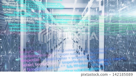 Showing central server aisle stretching in datacenter with patterned rack doors, LEDs, cable trays Showing central server aisle stretching in datacenter with patterned rack doors, LEDs, cable trays 142185089