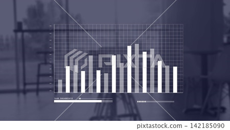 Showing transparent digital bar chart overlay at center of blurred office, including slider readout. Dashboard, grid, analytics, metrics, data, visualization, bluegray Showing transparent digital bar chart overlay at center of blurred office, including slider readout. Dashboard, grid, analytics, metrics, data, visualization, bluegray 142185090