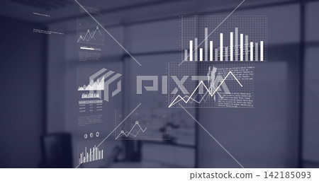Displaying data panels centering in modern office, showing bar and line charts near desk. Analytics, dashboard, graphs, translucent, overlays, grid, rectangles Displaying data panels centering in modern office, showing bar and line charts near desk. Analytics, dashboard, graphs, translucent, overlays, grid, rectangles 142185093