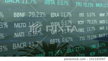 Flickering ticker overlay covering coastal skyline on glass, showing stock codes, percentages, palm Flickering ticker overlay covering coastal skyline on glass, showing stock codes, percentages, palm 142185097