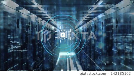 Displaying holographic padlock HUD hovering over data center aisle, highlighting server racks. Cybersecurity, interface, hologram, lock, hexagon, concentric, circles Displaying holographic padlock HUD hovering over data center aisle, highlighting server racks. Cybersecurity, interface, hologram, lock, hexagon, concentric, circles 142185102