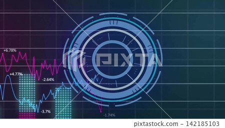 Circular HUD receiving live data, animating rings and syncing line charts revealing finance trends Circular HUD receiving live data, animating rings and syncing line charts revealing finance trends 142185103