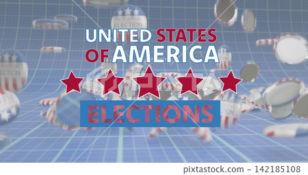 Displaying US ELECTIONS title in studio with floating buttons, five red stars, wireframe grid. Infographic, broadcast, studio, render, 3d, patriotic, grid Displaying US ELECTIONS title in studio with floating buttons, five red stars, wireframe grid. Infographic, broadcast, studio, render, 3d, patriotic, grid 142185108