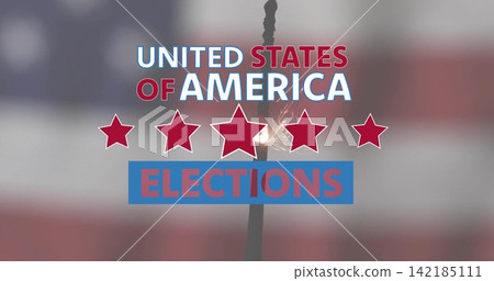 Displaying UNITED STATES OF AMERICA on blurred flag with ELECTIONS banner, five red stars, sparkler. Patriotic, poster, graphic, typography, bold, backdrop, bokeh Displaying UNITED STATES OF AMERICA on blurred flag with ELECTIONS banner, five red stars, sparkler. Patriotic, poster, graphic, typography, bold, backdrop, bokeh 142185111