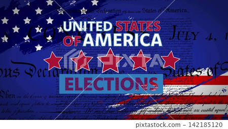 Displaying layout showing UNITED STATES OF AMERICA, ELECTIONS on digital poster with five red stars. Patriotic, graphic, typography, distressed, manuscript, grunge, flag 142185120