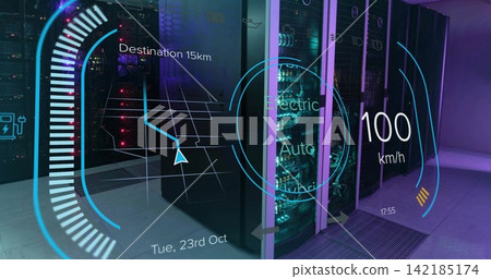 Projecting HUD graphics over glass server racks in data center aisle, showing LEDs and cabling Projecting HUD graphics over glass server racks in data center aisle, showing LEDs and cabling 142185174
