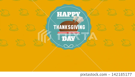 Displaying teal badge on card showing HAPPY THANKSGIVING DAY, roasted turkey, repeating icons Displaying teal badge on card showing HAPPY THANKSGIVING DAY, roasted turkey, repeating icons 142185177