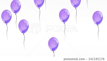 Floating group of purple balloons drifting against white backdrop, with thin black strings. Lavender, amethyst, violet, balloon, spheres, minimalist, illustration Floating group of purple balloons drifting against white backdrop, with thin black strings. Lavender, amethyst, violet, balloon, spheres, minimalist, illustration 142185178