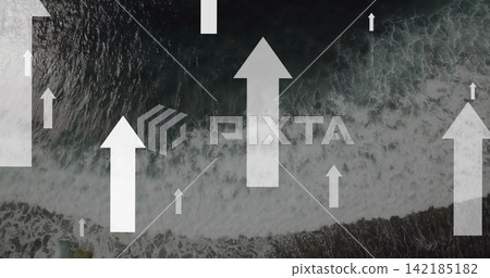 Showing aerial surf, large translucent upward white arrow over breaking waves and rocky outcrop Showing aerial surf, large translucent upward white arrow over breaking waves and rocky outcrop 142185182