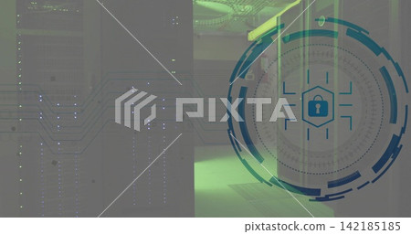 Projecting circular cybersecurity graphic with padlock on right near server racks, copy space Projecting circular cybersecurity graphic with padlock on right near server racks, copy space 142185185
