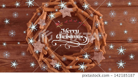 On scene load wreath animating with floating stars and drifting snowflakes for holiday card design On scene load wreath animating with floating stars and drifting snowflakes for holiday card design 142185187