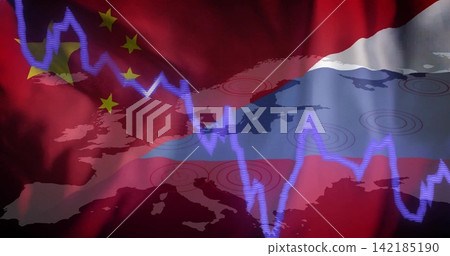 Showing China and Russia flags blending over Europe map, jagged blue chart with red target rings. Emblems, finance, volatility, indicators, montage, editorial, abstract Showing China and Russia flags blending over Europe map, jagged blue chart with red target rings. Emblems, finance, volatility, indicators, montage, editorial, abstract 142185190