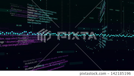 Streaming wide horizontal waveform pulsing across virtual 3D space, with cyan nodes, code planes. Signal, neon, holographic, cyberspace, perspective, depth, dataviz Streaming wide horizontal waveform pulsing across virtual 3D space, with cyan nodes, code planes. Signal, neon, holographic, cyberspace, perspective, depth, dataviz 142185196
