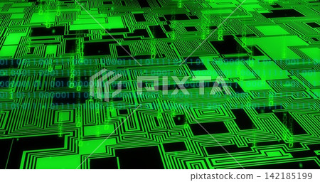 Glowing neon circuit traces creating layered virtual motherboard plane with falling binary streams. Grid, data, cyber, abstract, digital, futuristic, matrix 142185199