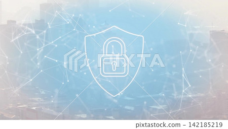 Glowing white shield with padlock hovering above muted skyline, with network mesh and glowing dots Glowing white shield with padlock hovering above muted skyline, with network mesh and glowing dots 142185219