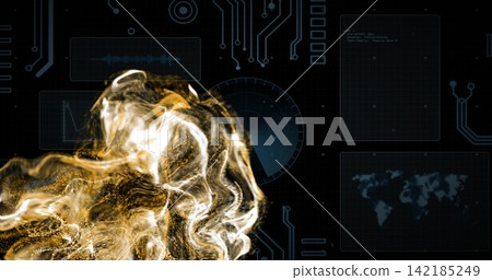 Swirling golden particle cloud occupying left in virtual dashboard, showing HUD panels and waveform Swirling golden particle cloud occupying left in virtual dashboard, showing HUD panels and waveform 142185249